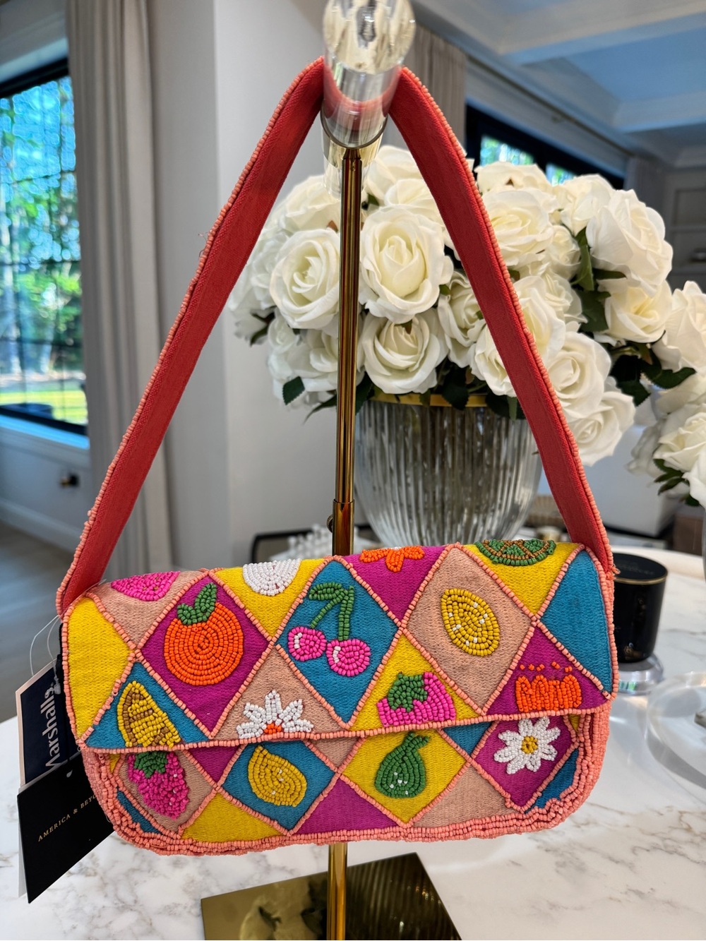 Colorful Beaded Fruit Pattern Shoulder Bag - Pink/Multicolor